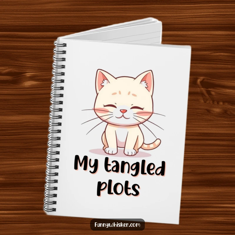 Funny notebook with a cat character with comically long whiskers tripping over its own feet, inspiring amusing notes and charming ideas.