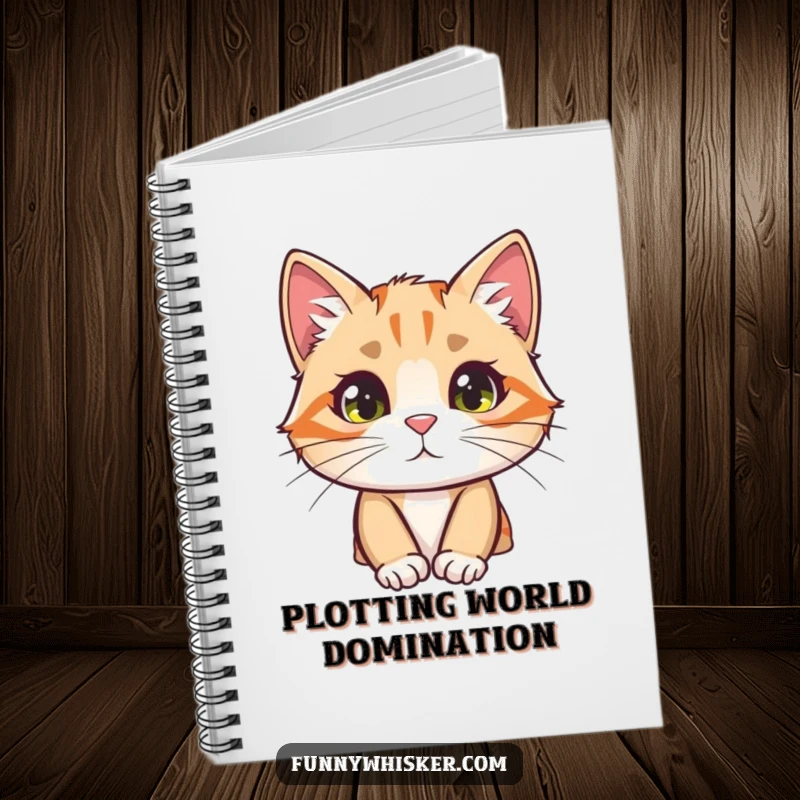 Funny cat notebook with a curious character peeking from behind a large, fuzzy whisker, ideal for journaling.