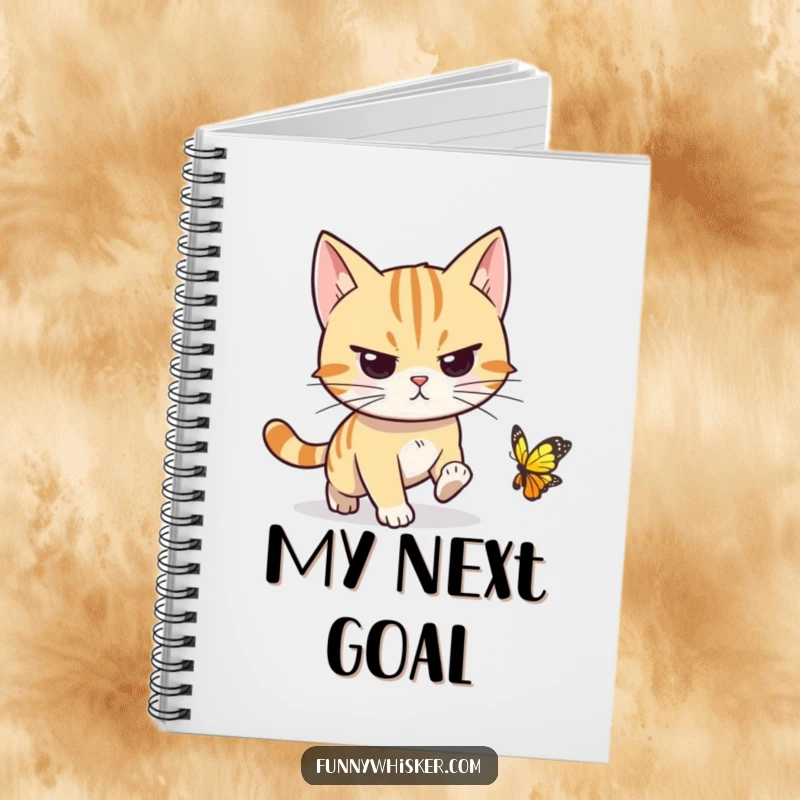 Funny cat notebook featuring a determined character, whiskers pointed forward, chasing an elusive butterfly, perfect for notes and ambitious plans.