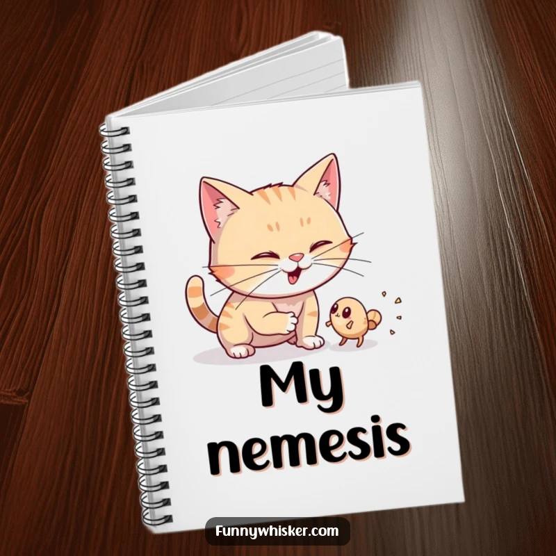 Funny notebook featuring a cat with wiggling whiskers, determined to catch a dust bunny, excellent for note-taking.