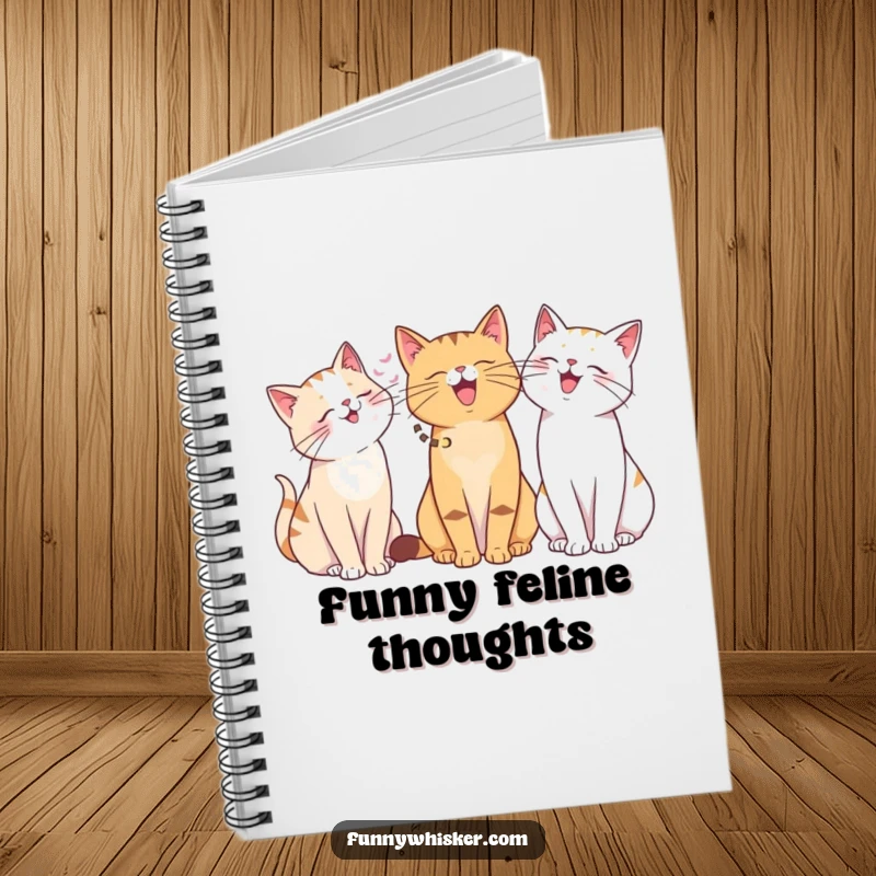 Funny notebook with cats of various whisker lengths giggling. Ideal for notes and doodles, a humorous funny gift.
