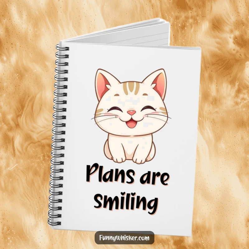 Funny notebook, a cat character with whiskers curled into a cheerful grin, ideal for recording thoughts with a dose of happy charm.
