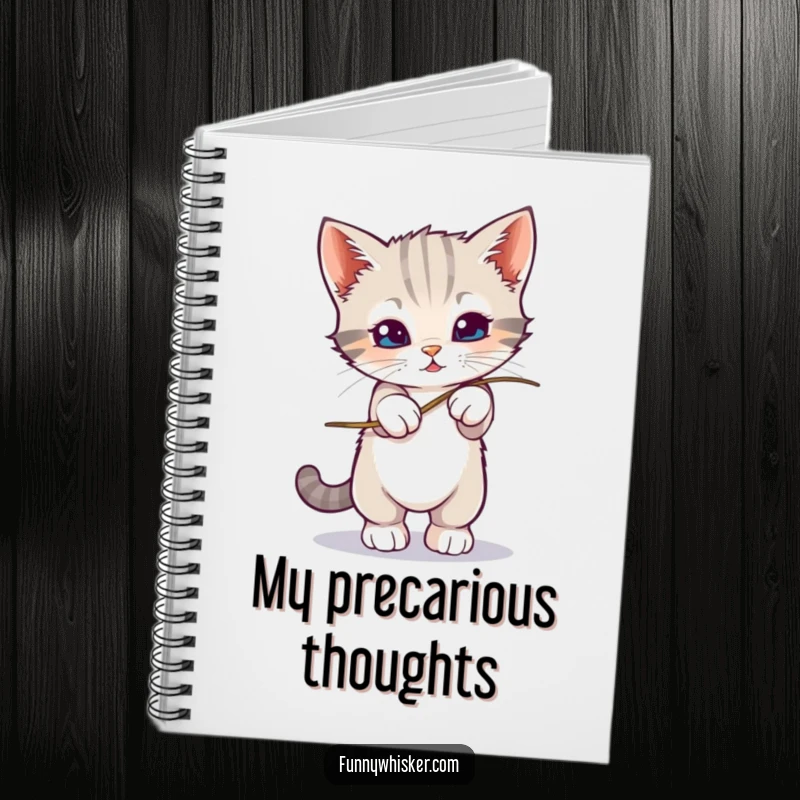 Funny kitten precariously balancing on a wobbly whisker on a notebook, symbolizing delicate fun, a great funny gift.