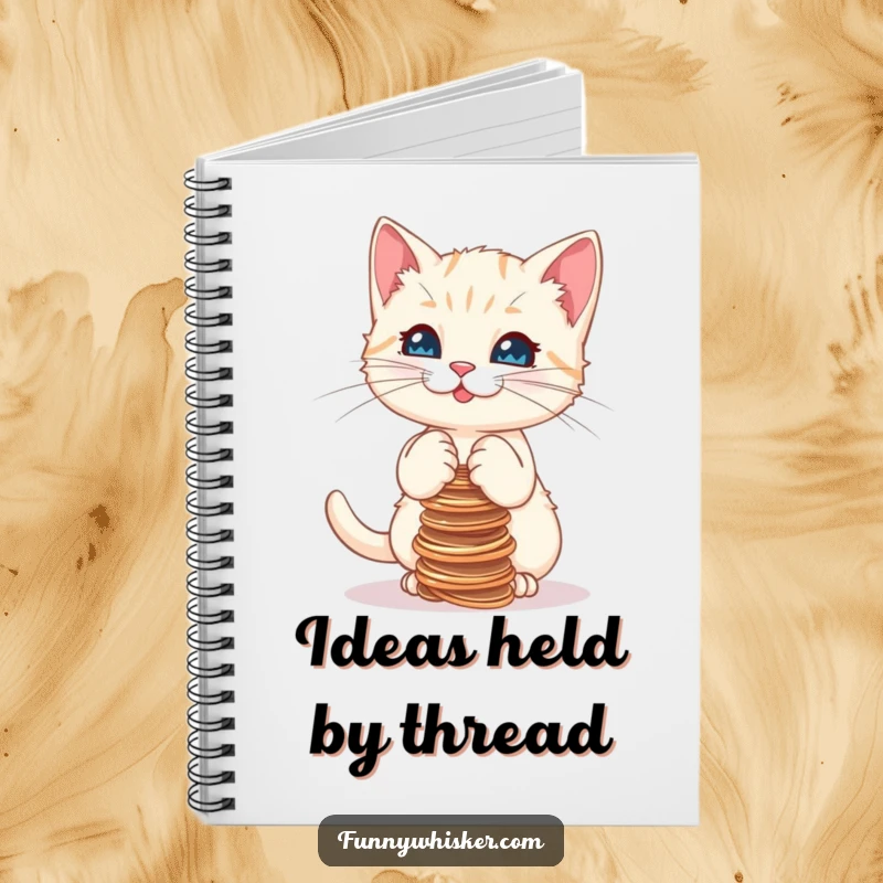 Funny notebook cover with a kitten precariously balancing a stack of strings, designed for note-taking with a side of humor.
