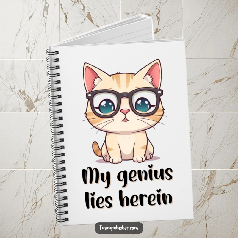 Funny cat wearing tiny spectacles perched precariously on its whiskers, inspiring witty notes in a notebook.