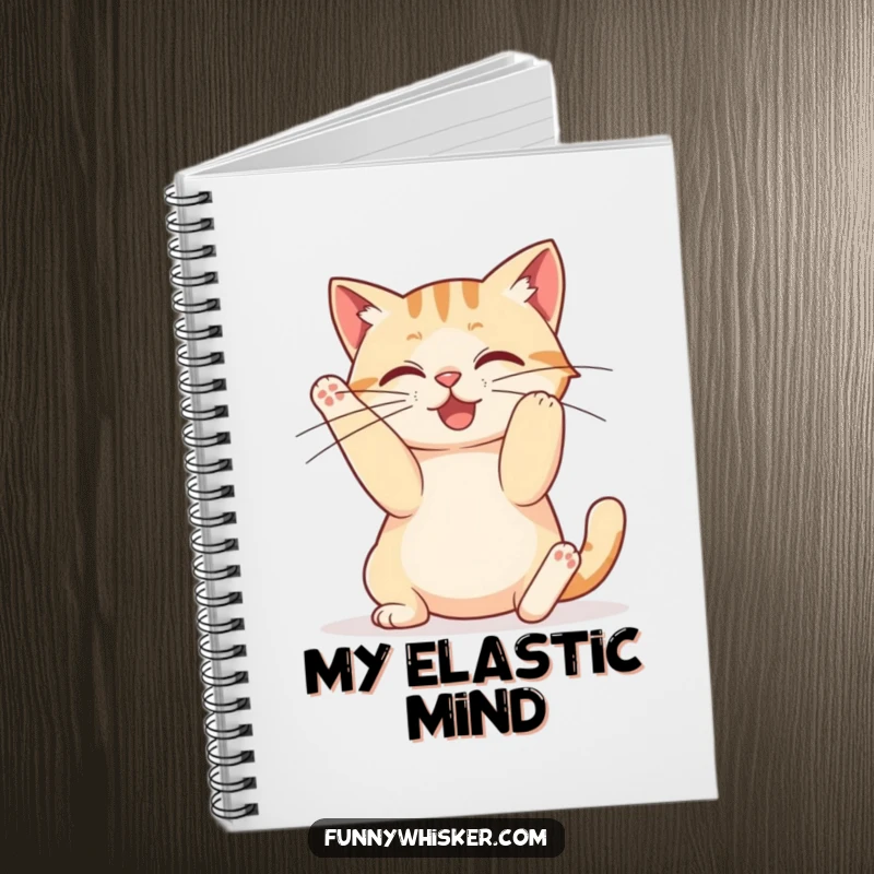 Funny notebook with a cat stretching and long whiskers, perfect for journaling cat-themed ideas.
