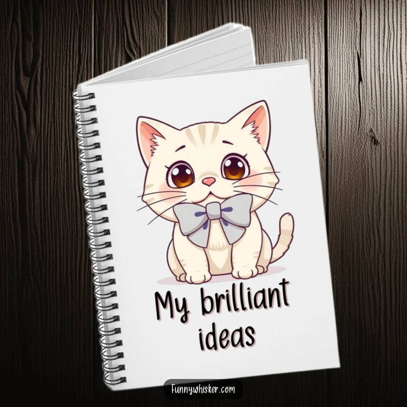 Funny notebook with a cat wearing a large bow on its whiskers, looking surprised, for journaling.