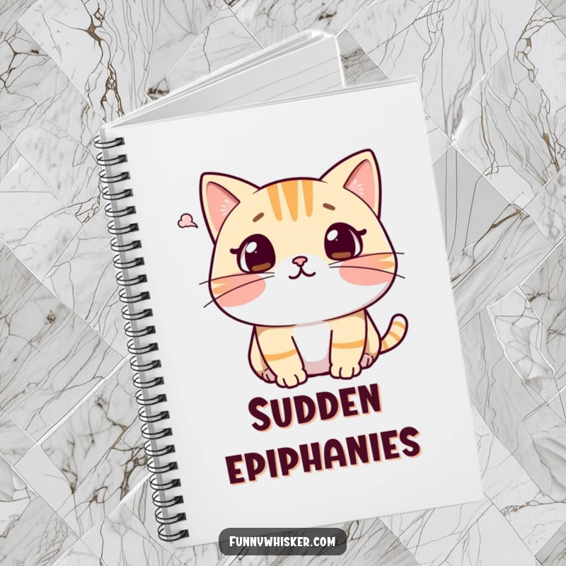 Funny cat notebook featuring a character with a surprised expression, whiskers recoiling from a gentle puff of air, great for notes and ideas.