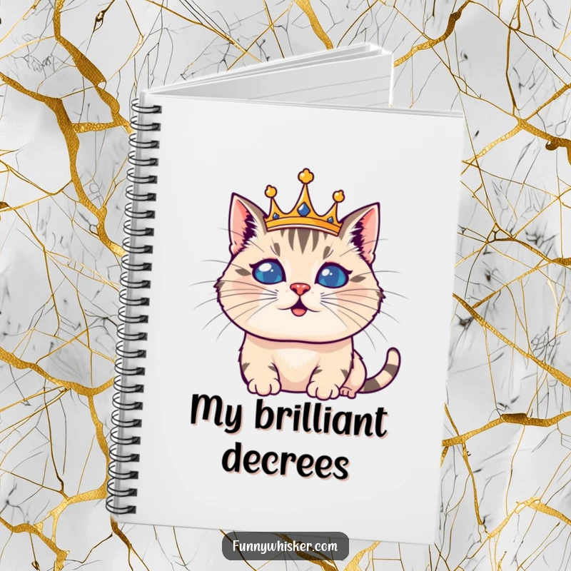 Funny notebook with a cat wearing an elaborate whisker crown, looking both royal and comically silly, great for notes.