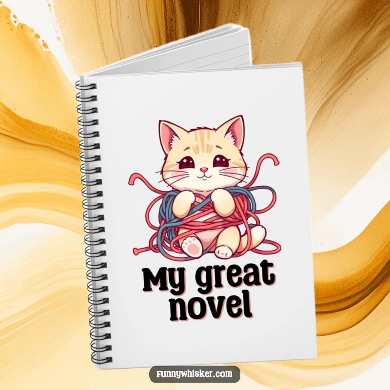 Funny notebook with a cat character tangled in yarn, whiskers askew, perfect for note-taking and humorous doodles.