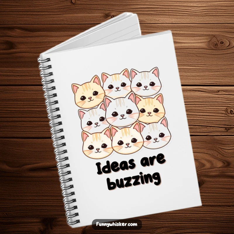 Funny notebook with a group of small, round cat faces and vibrating whiskers, ideal for jotting down notes with cute and humorous appeal.