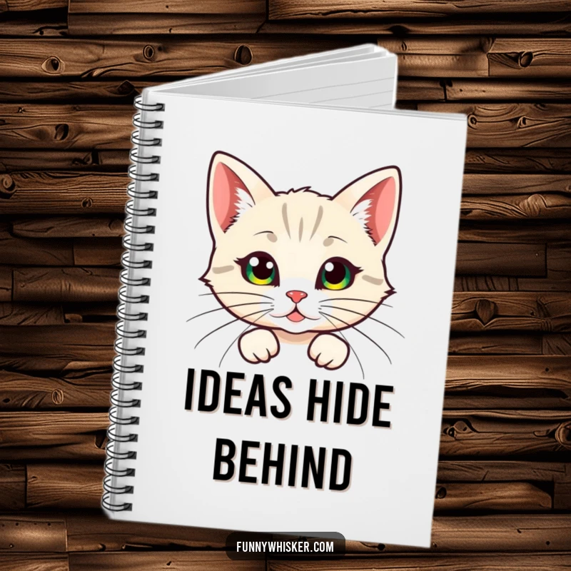 Funny notebook, a cat character humorously peeking from behind large, feathery whiskers, ideal for jotting down thoughts with playful flair.