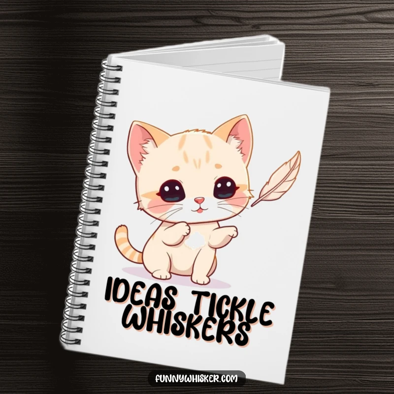 Funny Cat Notebook: A tiny cat with prominent whiskers playfully chasing a feather, for jotting down ideas humorously.