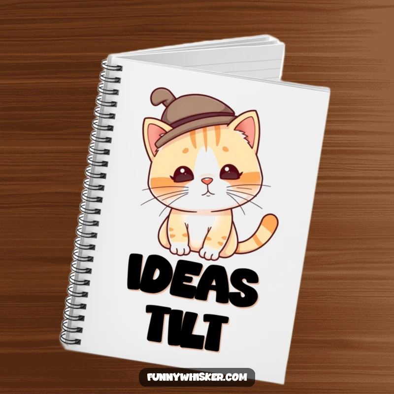 Funny cat notebook featuring a character in a silly hat tilting due to twitching whiskers, perfect for notes and bright ideas.