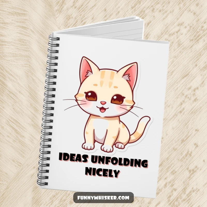 Funny notebook featuring a cat character stretching its body and playfully extending its whiskers, perfect for jotting down relaxed thoughts.