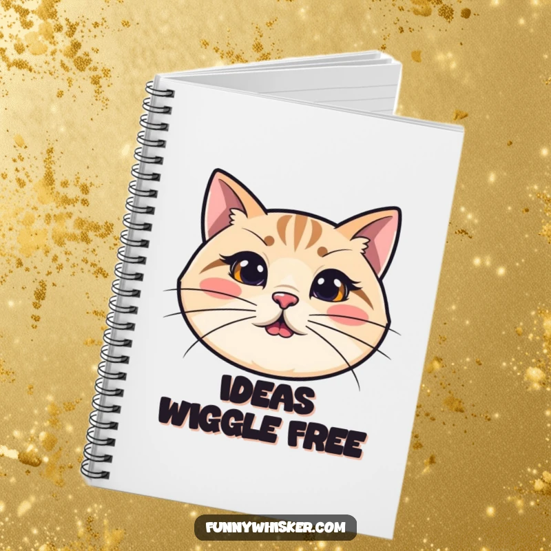 Funny cat notebook with a simplified cat head design and exaggeratedly long, wiggly whiskers, perfect for jotting down notes humorously.