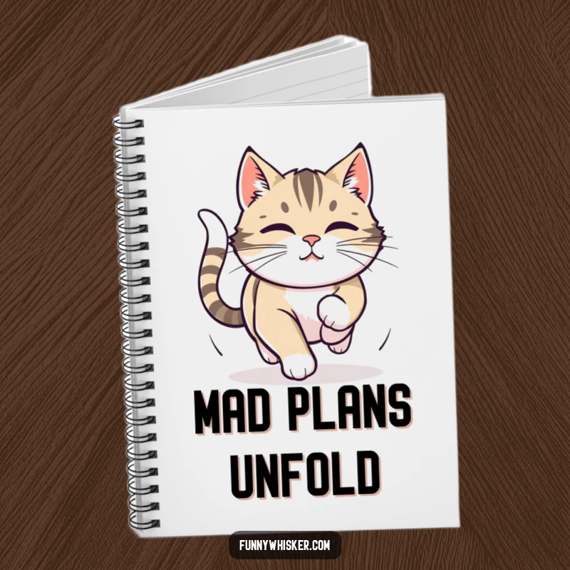Funny notebook with a cat intently chasing its tail, whiskers twitching, symbolizing focused thought and determination.