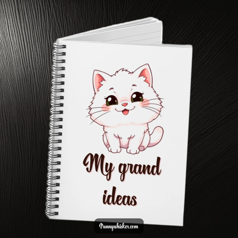 Funny Notebook: A fluffy cat character with large, comical whiskers wiggling with unbridled glee on the cover.