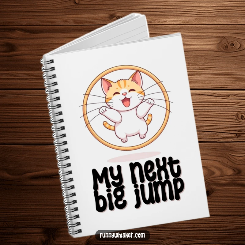 Funny cat leaping through a whisker hoop on a notebook, symbolizing playful creativity, a great funny gift.