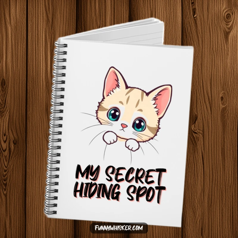 Funny notebook featuring a tiny cat peeking curiously from behind a large whisker, ideal for jotting down ideas with humor.