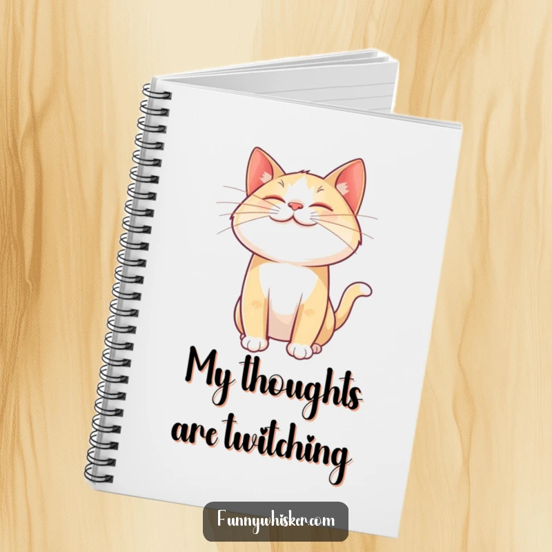 Funny cat notebook with a giant, joyful whisker twitching mid-air, ideal for jotting down notes and creative thoughts with a smile.