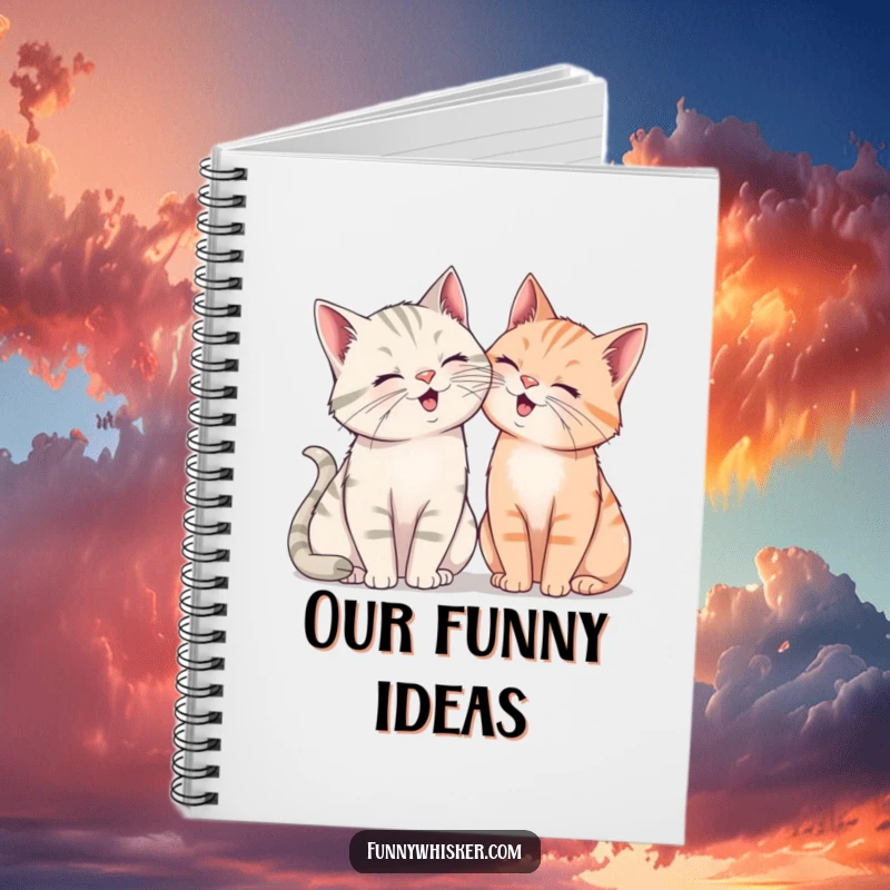 Funny notebook with two cats, their exaggerated whiskers prominent, leaning in conspiratorially to share a silent, heartfelt giggle.