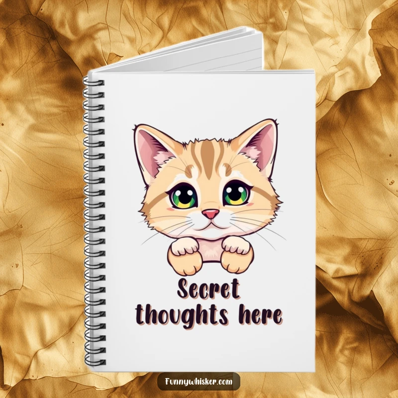 Funny notebook featuring a cat peeking from behind oversized, fluffy whiskers, with sparkling eyes, perfect for journaling with a humorous theme.