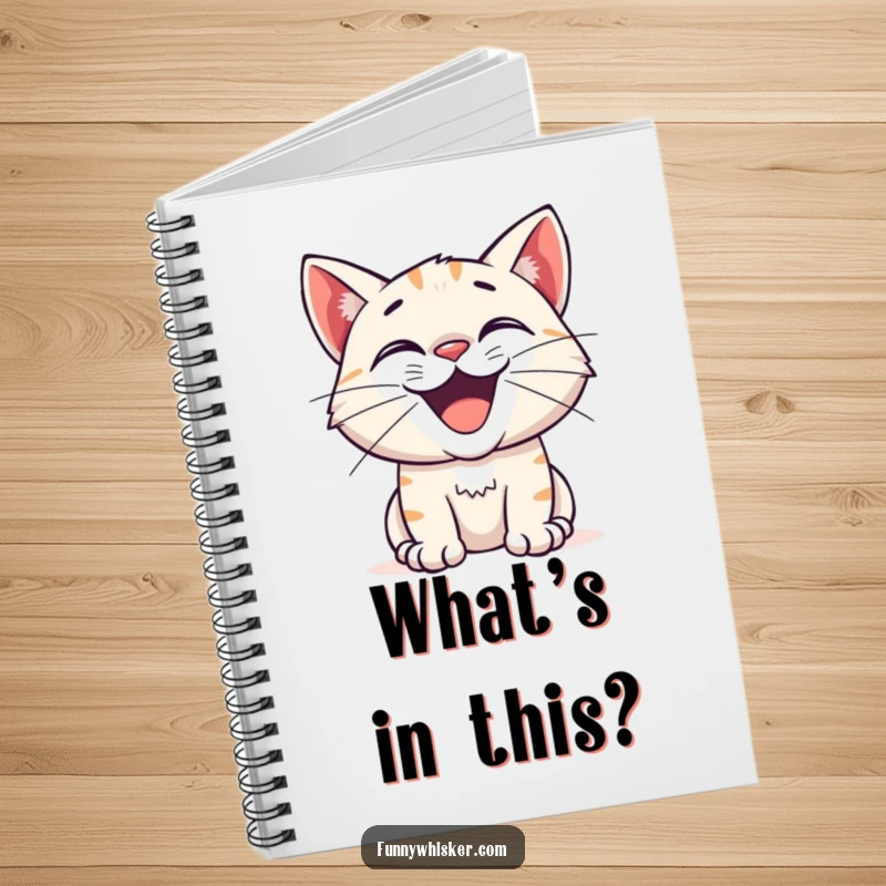 Funny notebook featuring a cat with a wide, excited grin and twitching whiskers, perfect for journaling or note-taking with a curious theme.