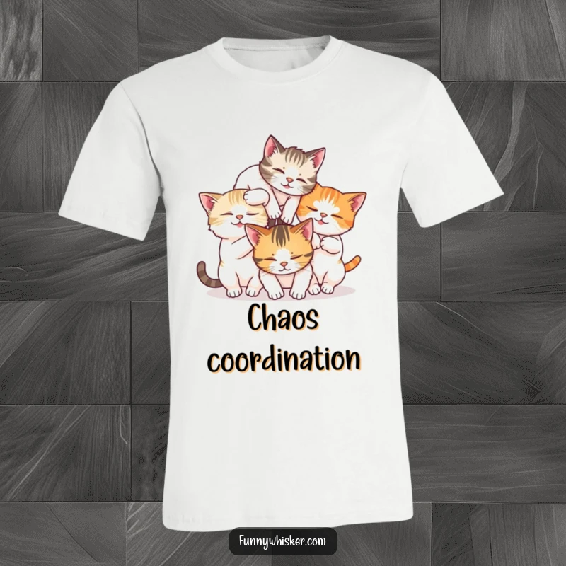 Funny t-shirt depicting three cats tumbling together in a messy, whisker tangle, celebrating cat playfulness.