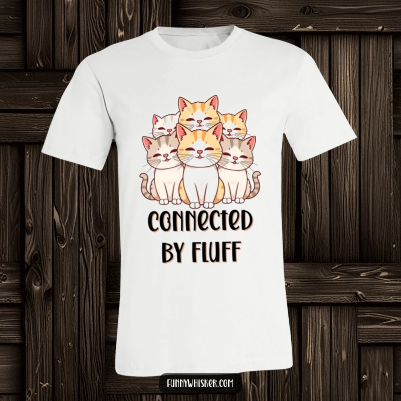 Funny Cat T-Shirt featuring two cats with comically long, intertwined whiskers, celebrating feline quirkiness, a great gift.