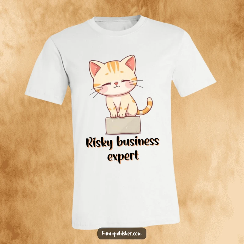 Funny T-Shirt featuring a cat character skillfully balancing on a narrow ledge, relying on its whiskers for equilibrium.