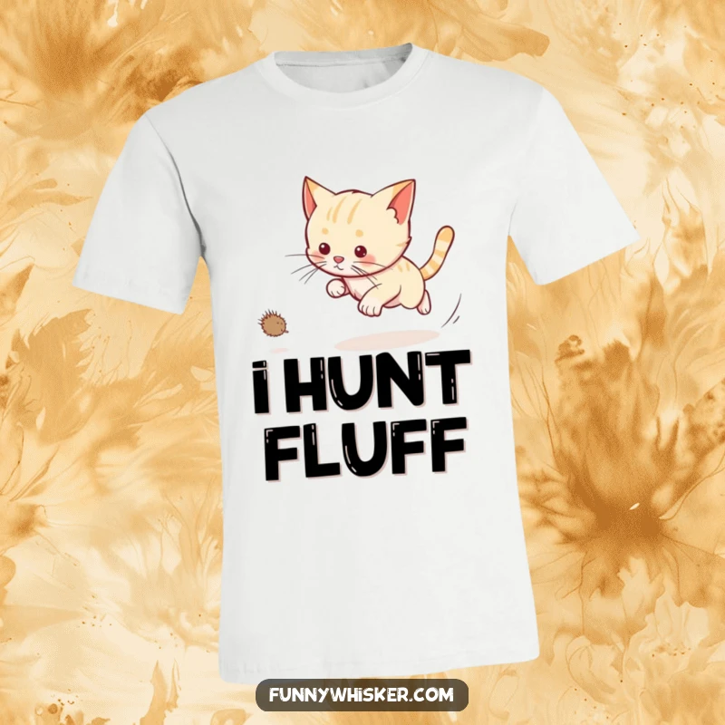 Funny cat t-shirt with a cat chasing a dust bunny, long whiskers trailing, perfect for energetic pet humor.