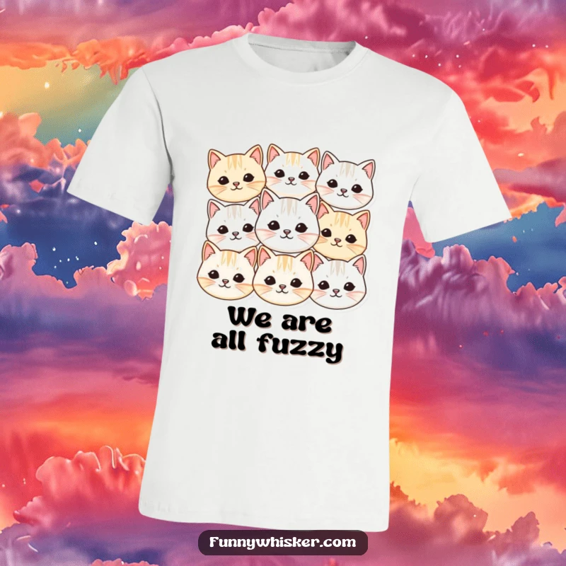 Funny t-shirt with a collection of small, round cat faces and exaggerated vibrating whiskers, perfect for expressing cute and humorous feline love.