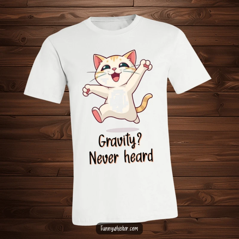 Funny cat t-shirt depicting a character in a dramatic, exhilarating leap, whiskers flying, capturing a moment of pure, unadulterated fun.