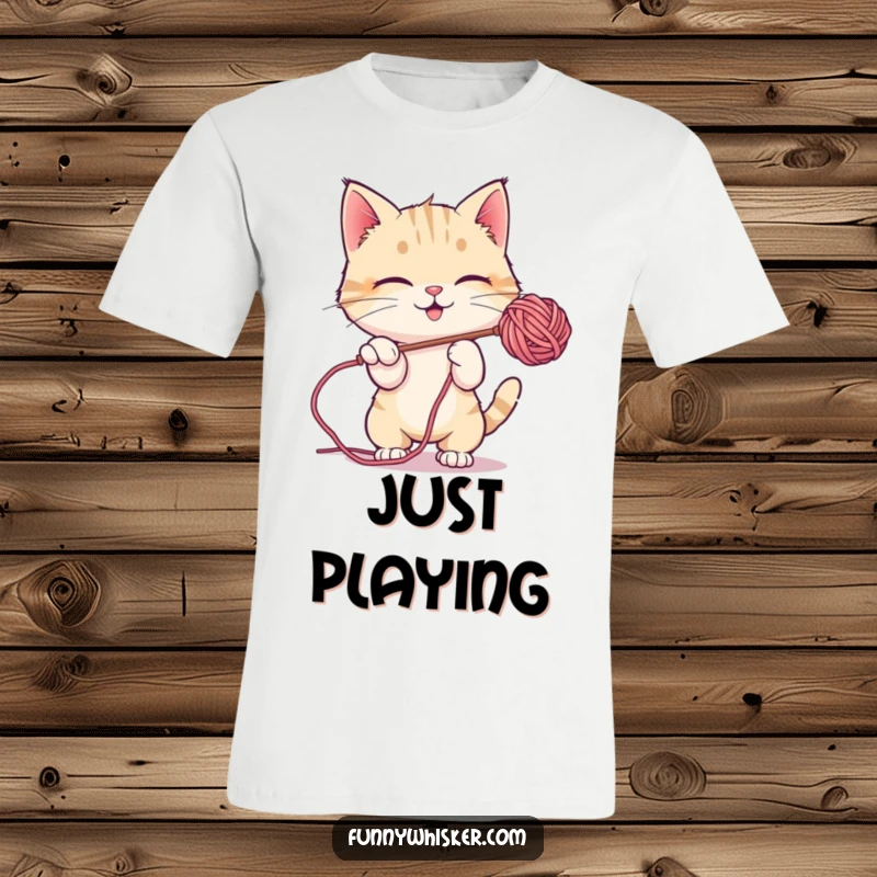 Funny T-Shirt: A cat character in a playful pose, batting at a suspended, fuzzy ball of yarn.