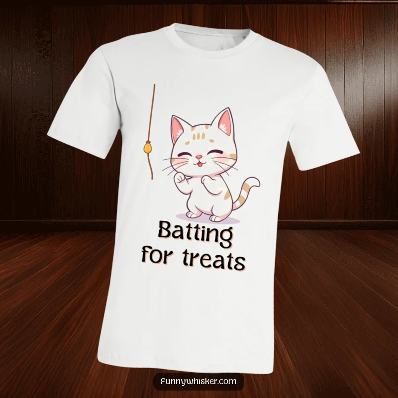 Funny t-shirt featuring a cat with comically large whiskers actively playing with and batting at a dangling string, full of playful energy.