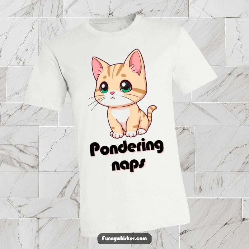 Funny cat t-shirt showing a character looking thoughtfully into the distance, whiskers drooping, in a state of adorable, pretend contemplation.