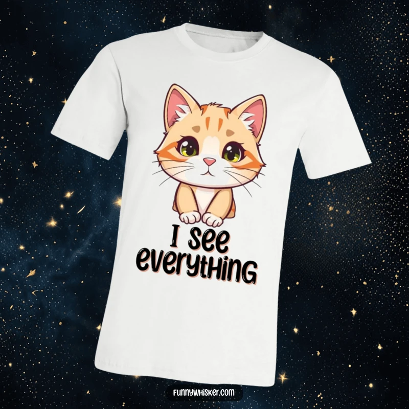 Funny cat t-shirt featuring a curious character peeking from behind a large, fuzzy whisker, radiating playful charm.