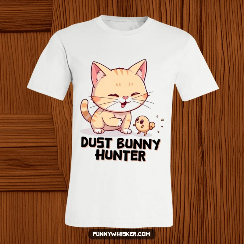 Funny t-shirt depicting a cat character with wiggling whiskers, on a mission to catch a tiny dust bunny, a fun gift.