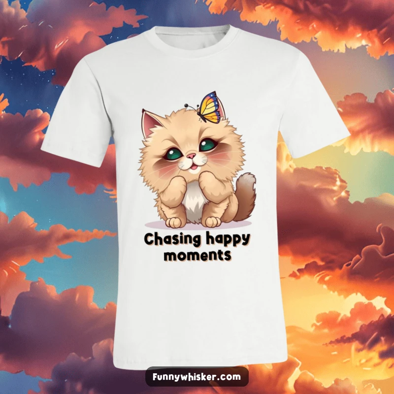 Funny T-Shirt showing a fluffy cat with oversized whiskers playfully batting at a dancing butterfly illustration.