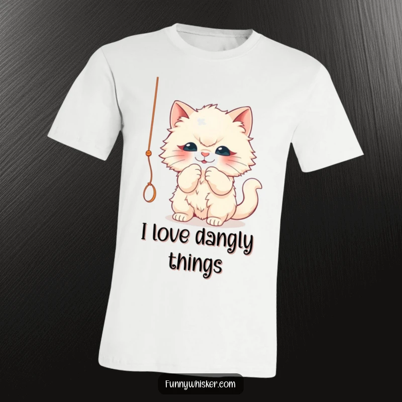 Funny cat t-shirt, fluffy cat character, playfully batting a dangling string, cute and humorous design, funny gift.