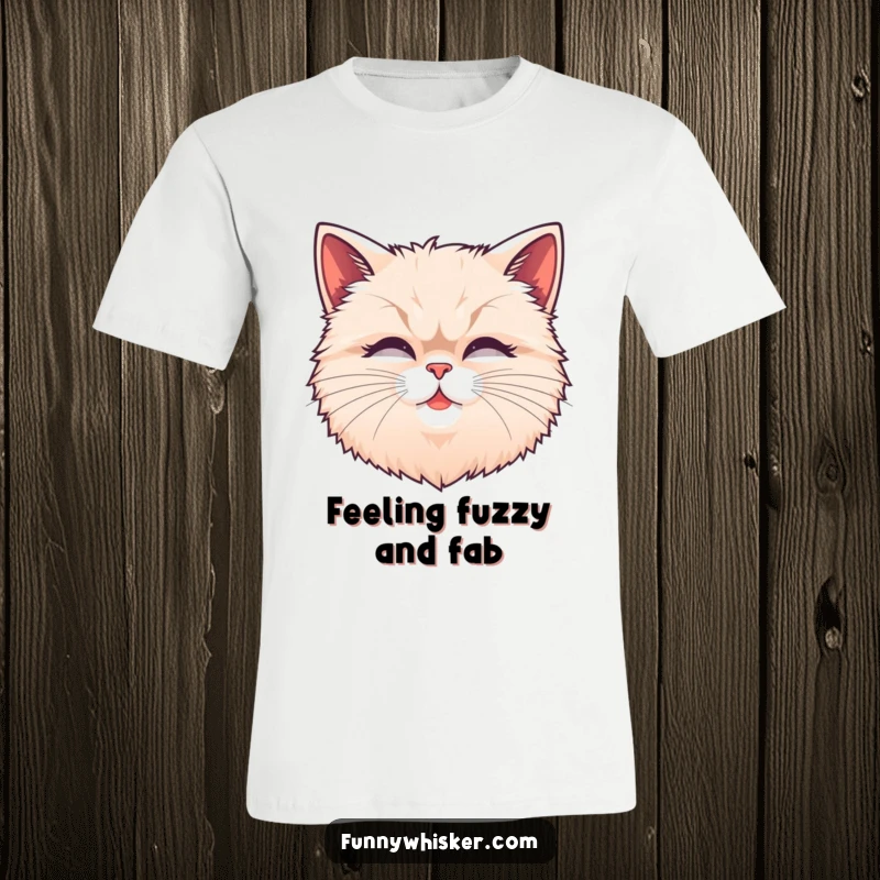 Funny fluffy cat head t-shirt with exaggerated, wiggling whiskers, capturing a moment of intense feline curiosity or mischief.