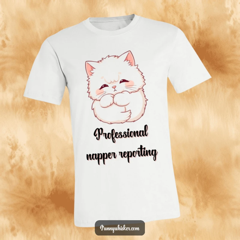 Funny Cat T-Shirt with a fluffy cat napping, its soft whiskers creating a halo, evoking peace and humor.