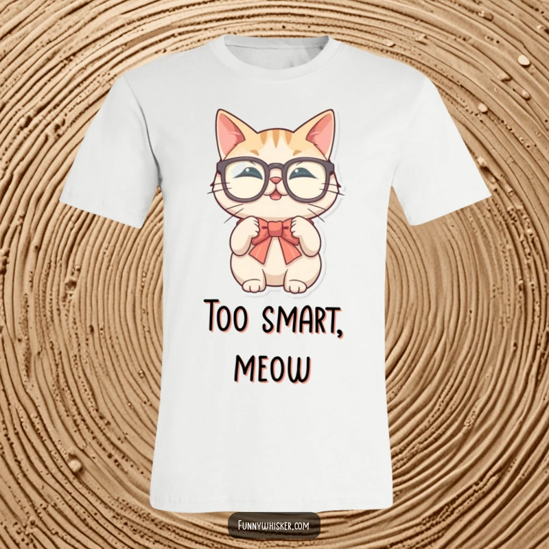 Funny t-shirt of a cat in big glasses hilariously trying to tie a bow tie with its whiskers, celebrating charm.
