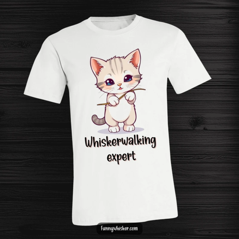 Funny kitten balancing on a very wobbly whisker on a t-shirt, symbolizing delicate fun, a great funny gift.