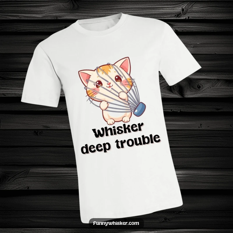 Funny t-shirt featuring a tiny cat peeking from behind a giant, wobbly whisk, perfect for cat and cooking enthusiasts.