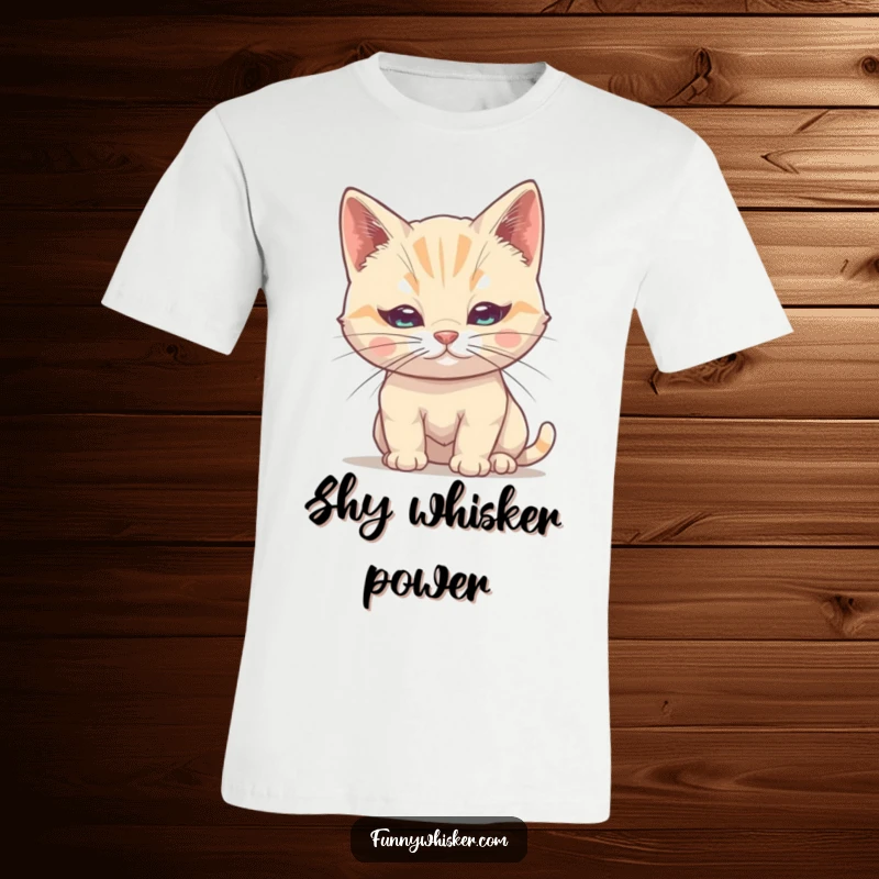 Funny Cat T-Shirt: A timid cat attempts to hide its face behind its own enormous single whisker, showing shyness.