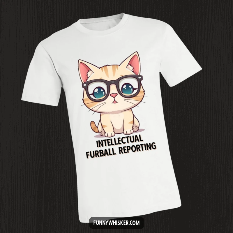 Funny cat wearing tiny spectacles perched precariously on its whiskers, showcasing its intellectual humor on a comfortable t-shirt.