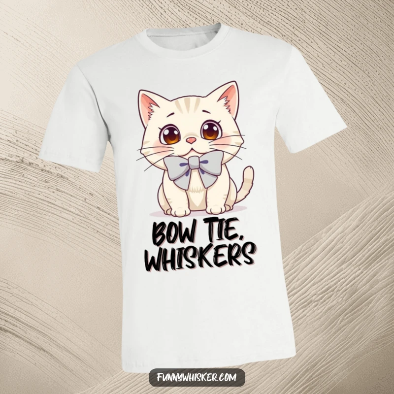 Funny t-shirt featuring a cat with an oversized bow tied to its whiskers, looking comically surprised.