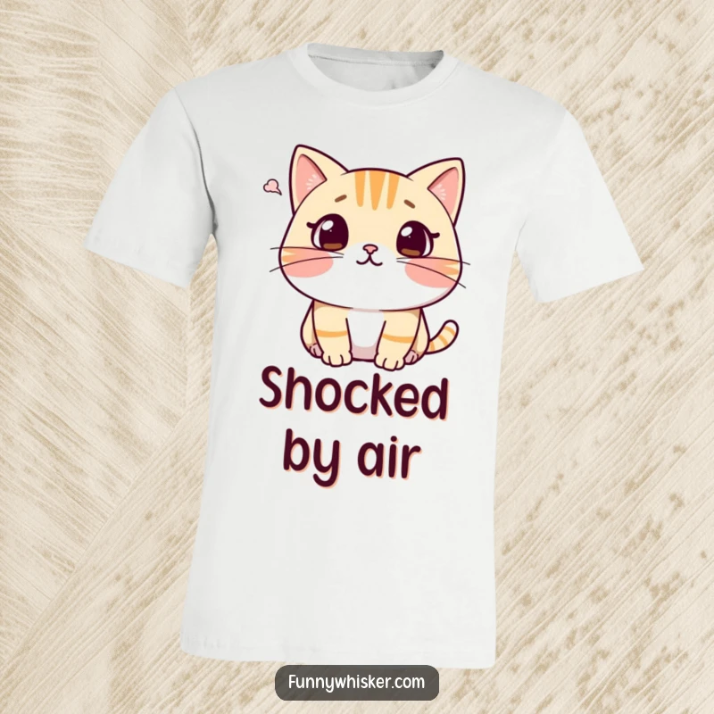 Funny cat t-shirt featuring a character with a surprised expression, whiskers recoiling comically from a tiny puff of air, capturing relatable shock.
